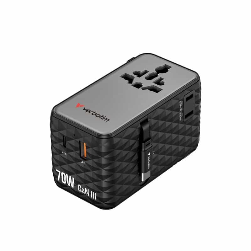 VERBATIM Charge 'n' Travel 70W GaN III Universal Travel Adapter with 2 Retractable USB-C Cables, 1 x