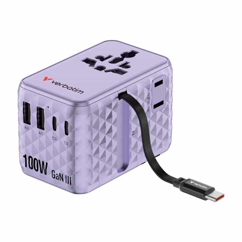 VERBATIM Charge 'n' Travel 100W GaN III Universal Travel Adapter with Retractable USB-C Cable, 2 x U