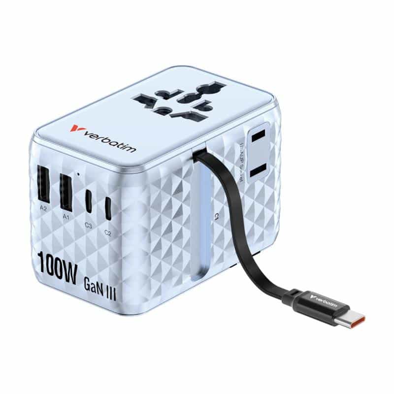 VERBATIM Charge 'n' Travel 100W GaN III Universal Travel Adapter with Retractable USB-C Cable, 2 x U