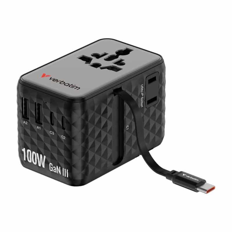 VERBATIM Charge 'n' Travel 100W GaN III Universal Travel Adapter with Retractable USB-C Cable, 2 x U