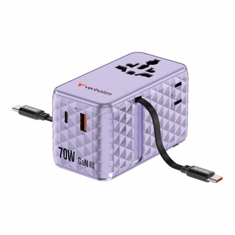 VERBATIM Charge 'n' Travel 70W GaN III Universal Travel Adapter with 2 Retractable USB-C Cables, 1 x