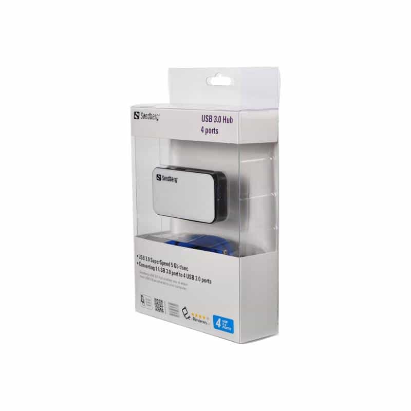 SANDBERG USB 3.0 Hub 4 ports Viermal USB 3.0 Ausgaenge Ueberlastungsschutz 1m USB 3.0 Kabel und 230V