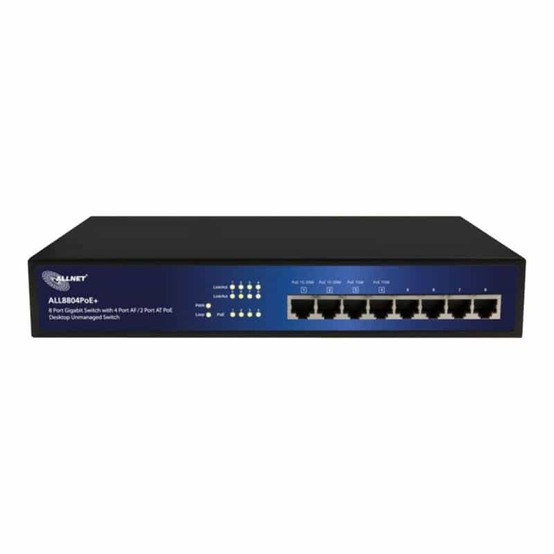 ALLNET Switch unmanaged 8 port Gigabit HPoE, 2x PoE+ oder 4x PoE, lüfterlos, internes Netzteil, 19""