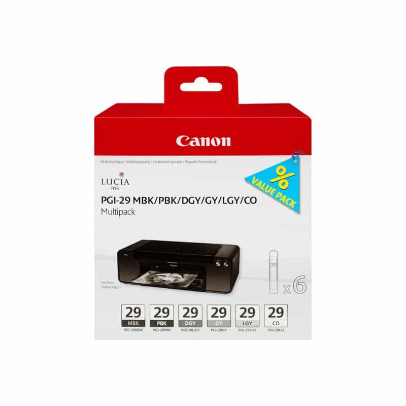 CANON PGI 29 MBK/PBK/DGY/GY/LGY/CO Multipack 6er Pack Grau, Hellgrau, Dunkelgrau, mattschwarz, Photo