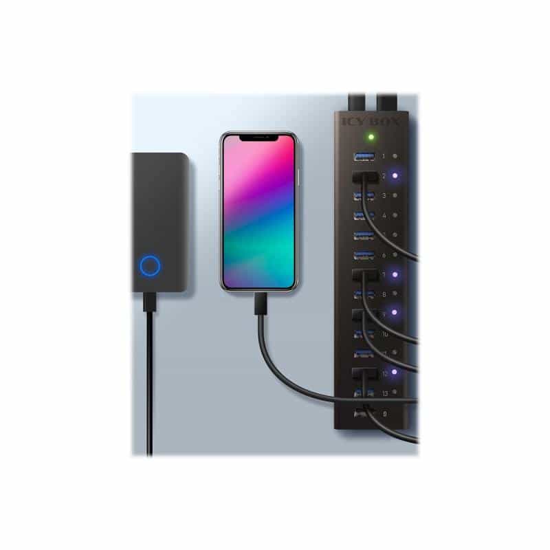 RAIDSONIC ICY BOX 13 Port USB 3.0 Hub mit USB Ladeport Hochwertiges Aluminium Gehaeuse 1x USB Ladepo