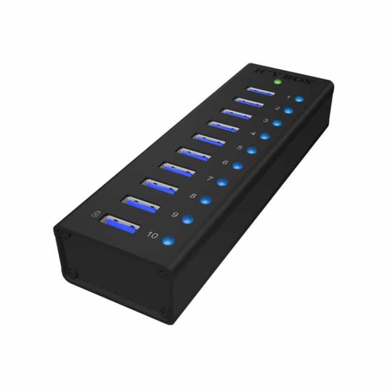 RAIDSONIC ICY BOX IB-AC6110 10 Port USB 3.0 Hub mit USB Ladeport 5V 2.1A Stabiles Aluminium Gehaeuse