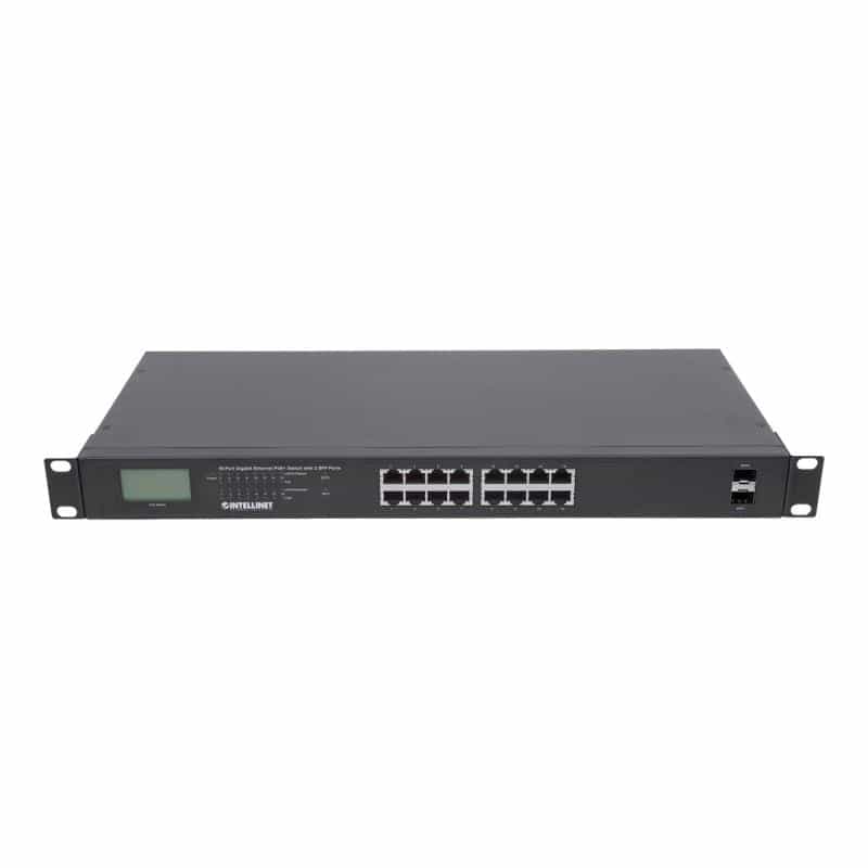 INTELLINET Switch 16-Port Gigabit PoE+ LCD-Anzeige 19" 2xSFP