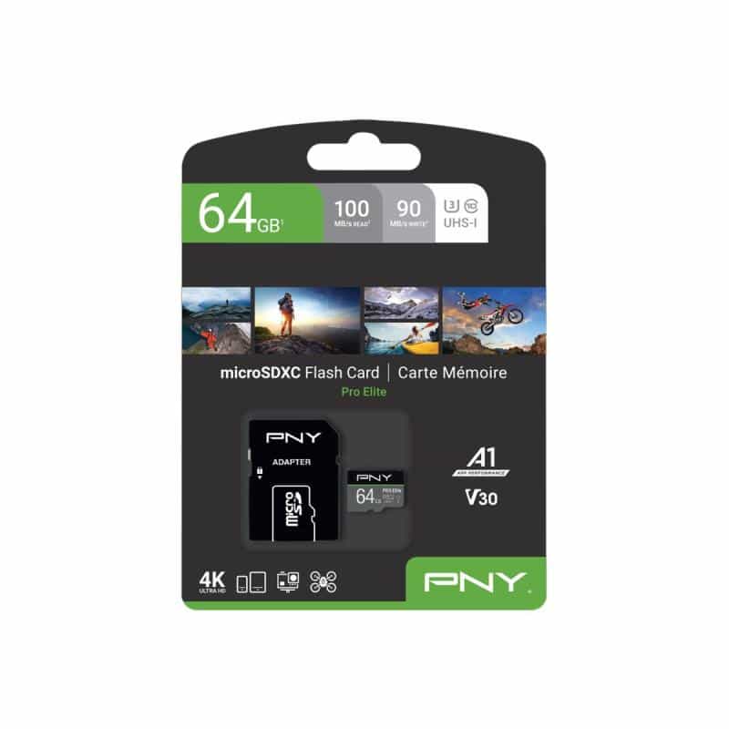 PNY MICRO-SD Card PRO ELITE 64GB Class 10 XC UHS I U3 A1 V30 SD adapter