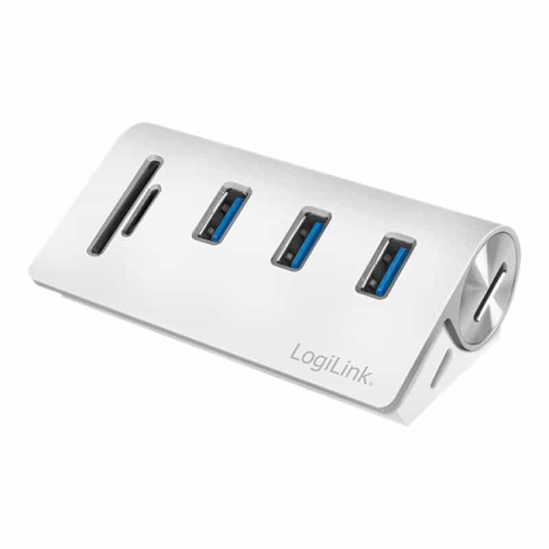 LOGILINK USB HUB 3.0, 3-Port, mit Kartenleser, ALU, silber