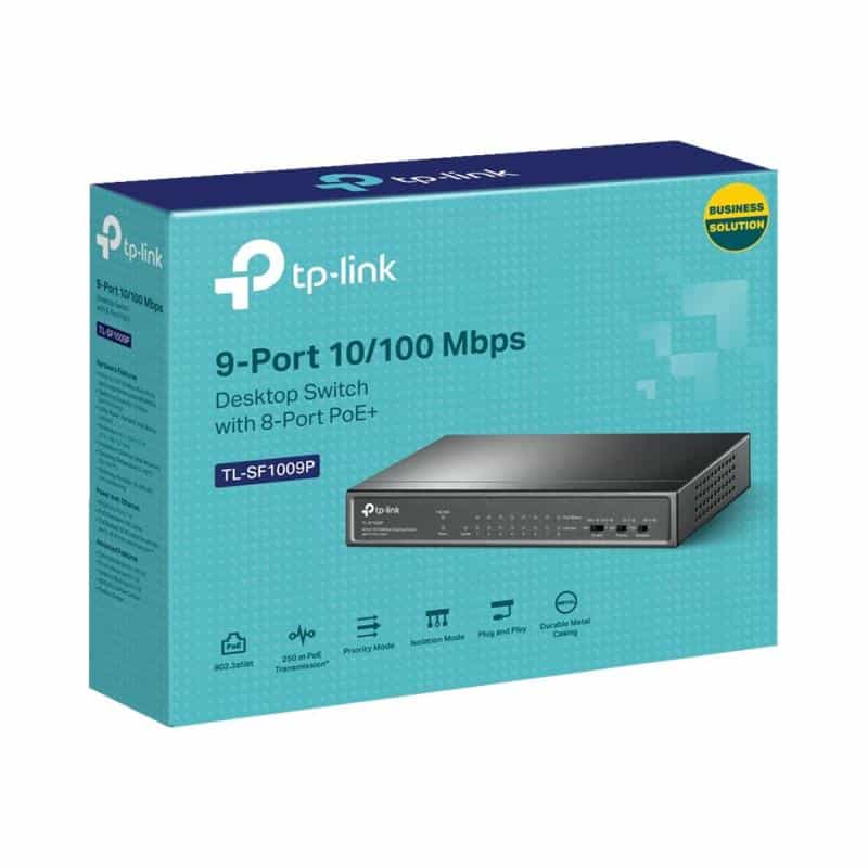 TP-LINK 9-Port 10/100 Mbps Desktop Switch with 8-Port PoE+ 65 W PoE Power, Desktop Steel Case