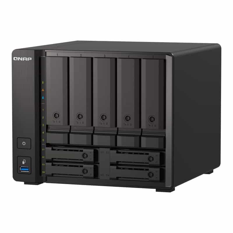 QNAP 9-bay NAS, AMD Ryzen V1500B 4C 8T 2.2GHz, 32GB DDR4 SODIMM, 5 x 2.5"/3.5" SATA 6Gbps + 2 x 2.5"