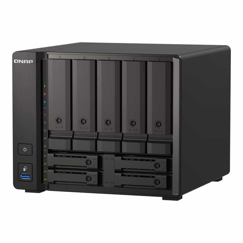 QNAP 9-bay NAS, AMD Ryzen V1500B 4C 8T 2.2GHz, 8GB DDR4 SODIMM, 5 x 2.5"/3.5" SATA 6Gbps + 2 x 2.5"