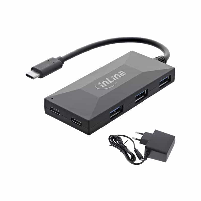 INLINE USB 3.2 Gen 1 OTG Hub, USB Typ-C zu 3 Port Typ-A und 2 Port Typ-C, mit 3A Netzteil Schwarz