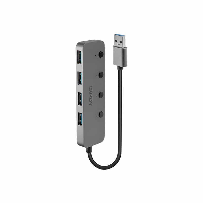 LINDY 4 Port USB 3.0 Hub mit Ein-/Ausschaltern 4 Port USB 3.0-Hub einzeln schaltbar Grau