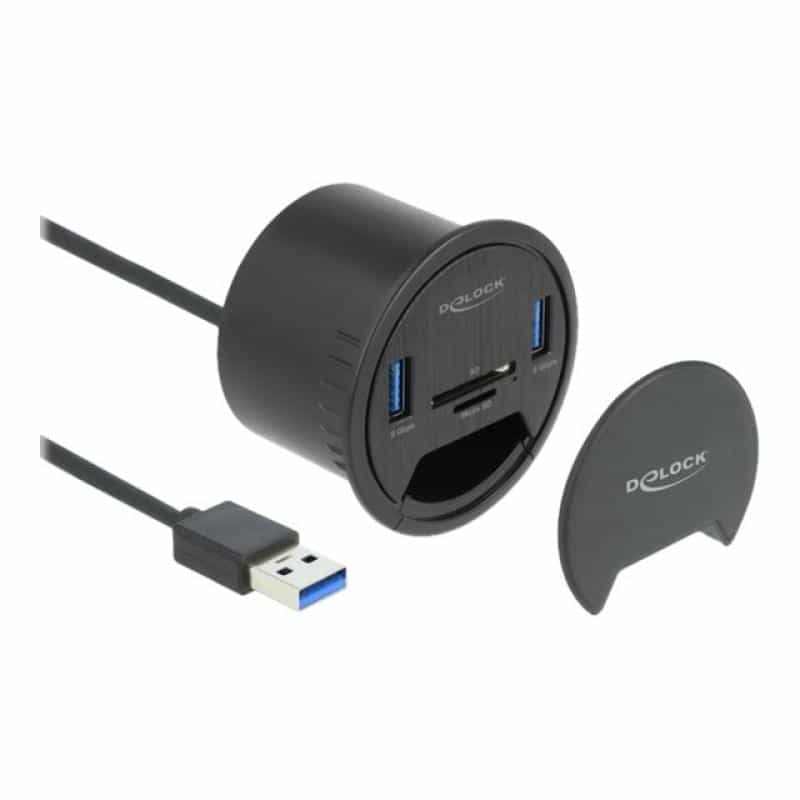 DELOCK 2 Port Tisch-Hub 2x SuperSpeed USB Typ-A und Card Reader für SD und Micro