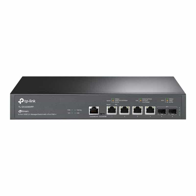 TP-LINK JetStream? 4-Port 10GBase-T and 2-Port 10GE SFP+ L2+ Managed Switch with 4-Port PoE++