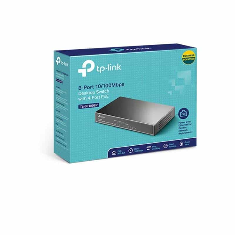 TP-LINK 8-Port 10/100 Mbps Desktop Switch with 4-Port PoE 57 W PoE Power, Desktop Steel Case