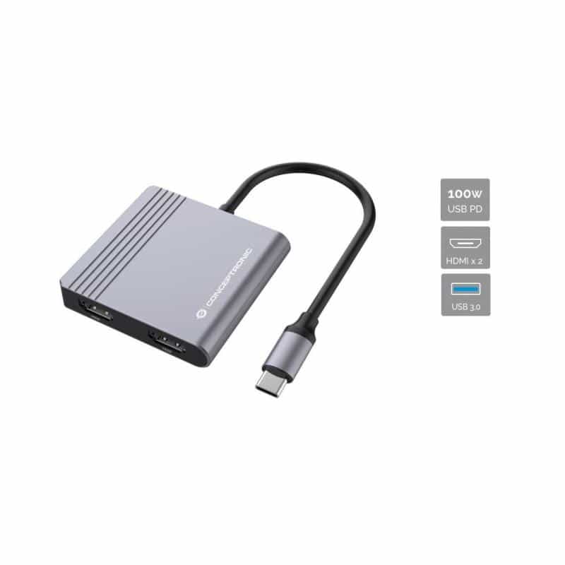 CONCEPTRONIC Adapter USB-C->2xHDMI,USB-C PD,1xUSB3.0 0.25 gr