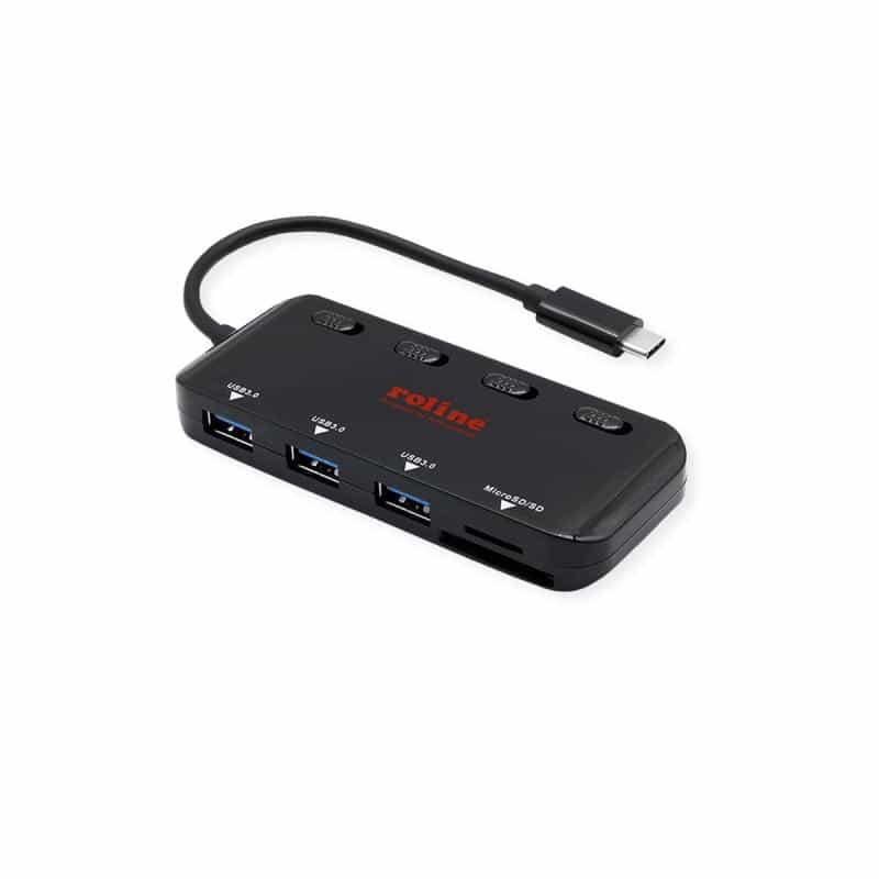 ROLINE USB 3.2 Gen 1 Hub, 3fach, Typ C Anschlusskabel, mit CardReader