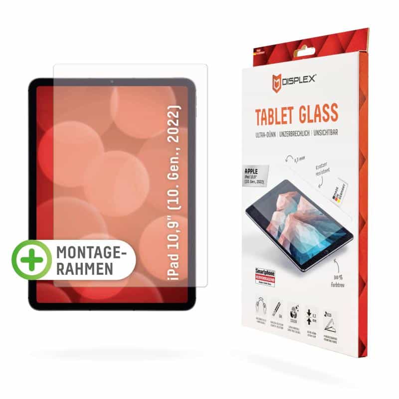 DISPLEX Tablet Panzerglas (9H) für Apple iPad 10,9'' (10. Gen.), Eco-Montagerahmen L-For