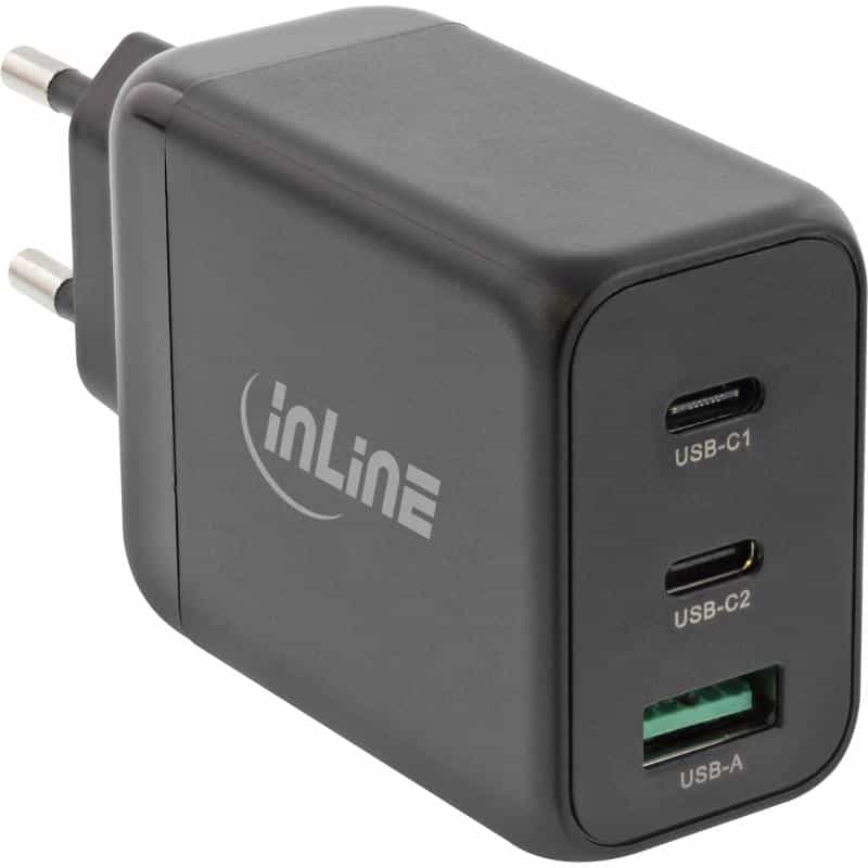 INLINE USB PD Netzteil, GaN Ladegerät, 3-Port, Dual USB-C + USB-A, 65W, schwarz