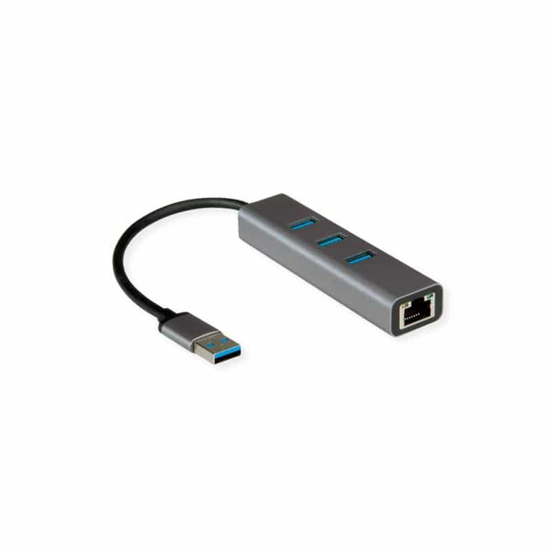 ROLINE USB 3.2 Gen 1 zu Gigabit Ethernet Konverter + Hub 3x
