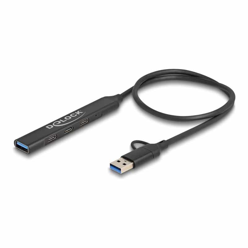 DELOCK 4 Port Slim USB Hub mit Type-C oder Typ-A zu 3 x 5 Gbps+ 1 (64272)