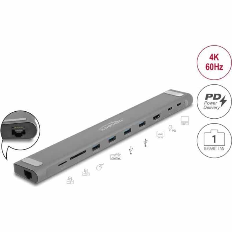 DELOCK USB Type-C Slim Dockingstation 4K (grau, HDMI / USB 3.2 Gen 1 / LAN / SD / PD 3.0)