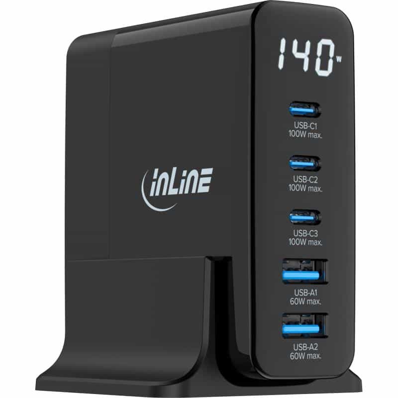 INLINE USB PD Netzteil, GaN Ladegerät, 5-Port, USB-C + USB-A, 140W, mit Display