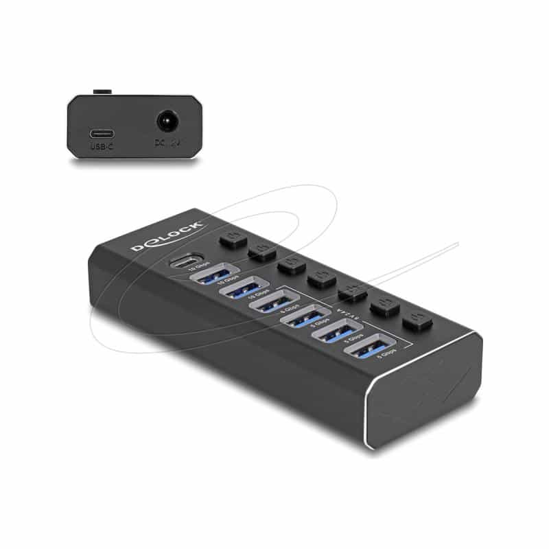 DELOCK 7Port USB Hub mit 3 Ports 10 Gbps und 4 SchnellladeP