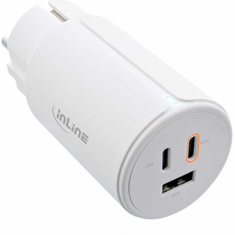 INLINE USB PD Netzteil, GaN Ladegerät, 3-Port, Dual USB-C + USB-A, 65W, weiß