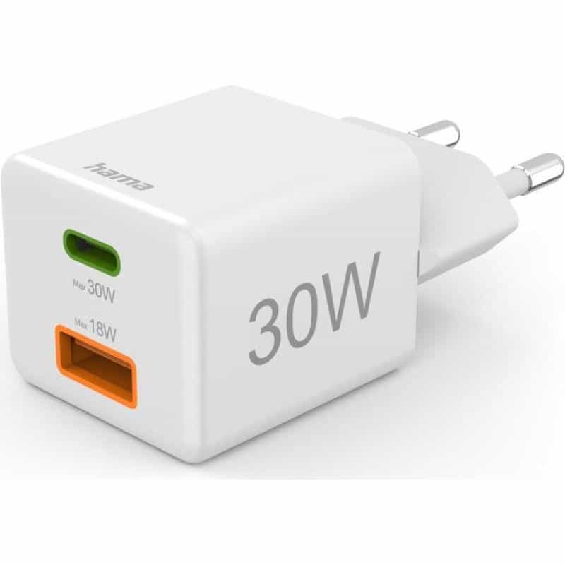 HAMA Schnellladegerät, 1 Stück USB-C PD, 1 Stück USB-A QC, Mini-Ladegerät, 30 W, Weiß (00201992)