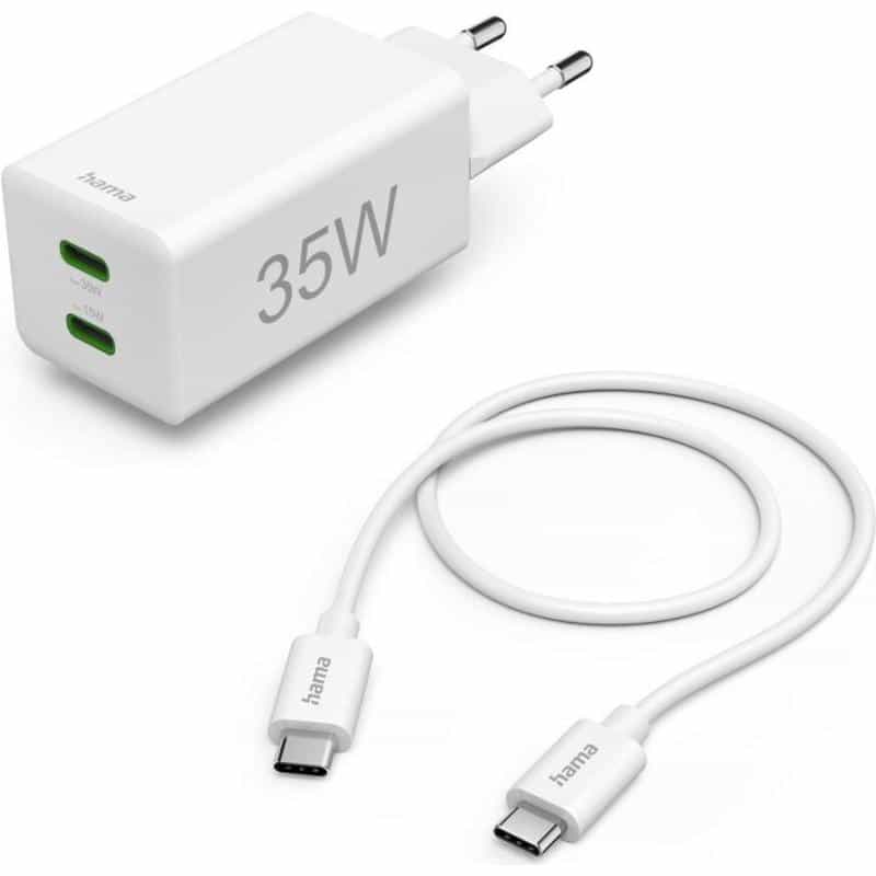 HAMA Schnellladegerät + Kabel, 2 Stück USB-C, PD/QC, Mini-Ladegerät, 35W, 1 m, Weiß (00125116)