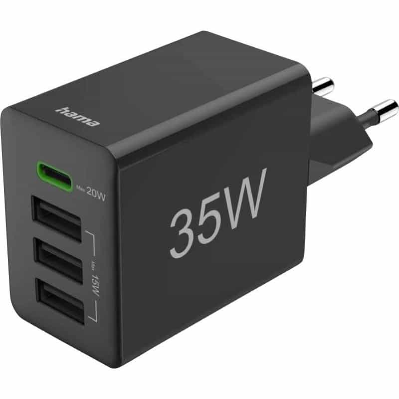 HAMA Schnellladegerät, 1 Stück USB-C PD, 3 Stück USB-A, Mini-Ladegerät, 35W, Schwarz (00201990)