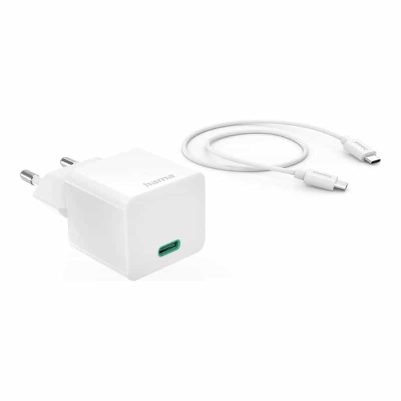 HAMA Schnellladegerät mit Ladekabel USB-C, Mini-Ladegerät, PD, 20W, 1m, Weiß (00201675)