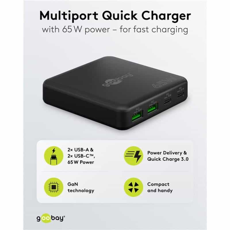 GOOBAY USB-C PD GaN Multiport-Tischladegerät 65 W schwarz - 2 Stück -Anschlüsse Power