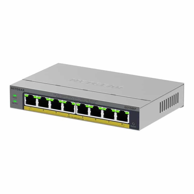 NETGEAR GS108EP 8-Port Gigabit Ethernet PoE+ Plus Switch, PoE Budget 62 W, lüfterlos, Metallgehäuse