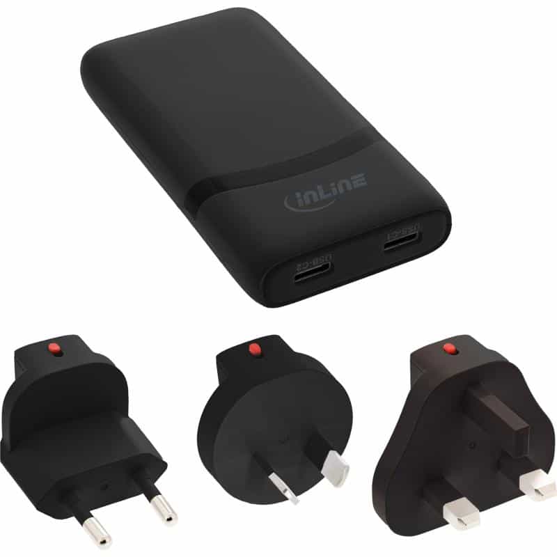 INLINE USB Reise-Netzteil Ladegerät, Dual USB-C, PD, PPS, 65W, flach, schwarz