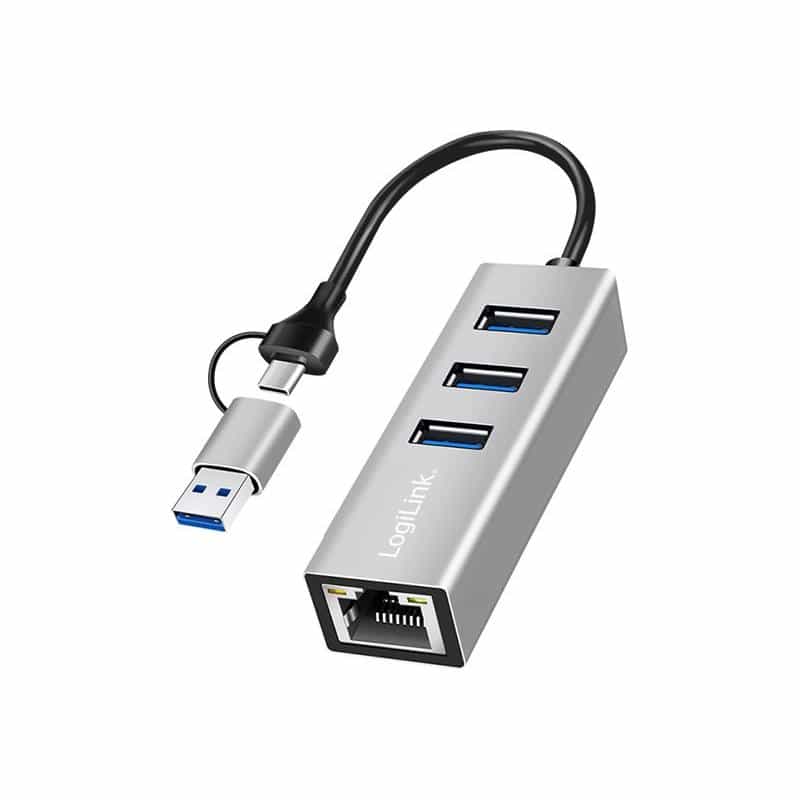 LOGILINK USB 3.2 Gen 1 HUB, 3x USB-A, 1x RJ45, silber