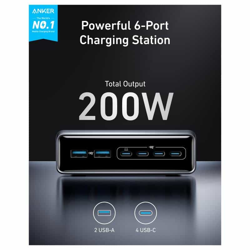 ANKER Prime - Netzteil - GaN - 200 Watt - 5 A - 6 Ausgabeanschlussstellen (4 x USB-C, 2 x USB)