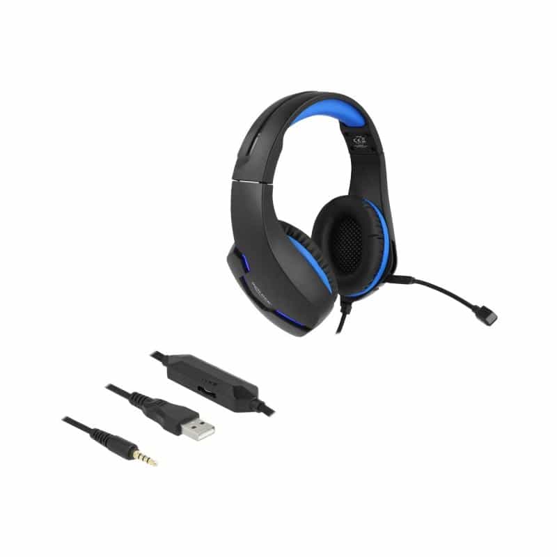 DELOCK Gaming Headset Over-Ear mit 3,5 mm Klinkenstecker und blauem LED Licht für PC