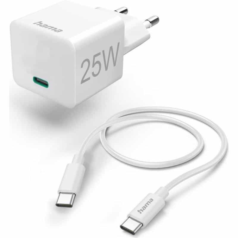 HAMA Schnellladegerät mit Ladekabel USB-C, Mini-Ladegerät, PD, 25W, 1,5 m, Weiß (00201624)