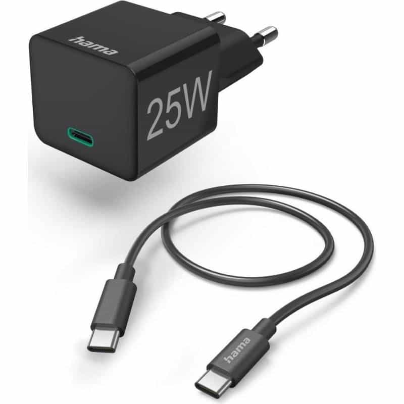 HAMA Schnellladegerät mit Ladekabel USB-C, Mini-Ladegerät, PD, 25W, 1 m, Schwarz (00201623)