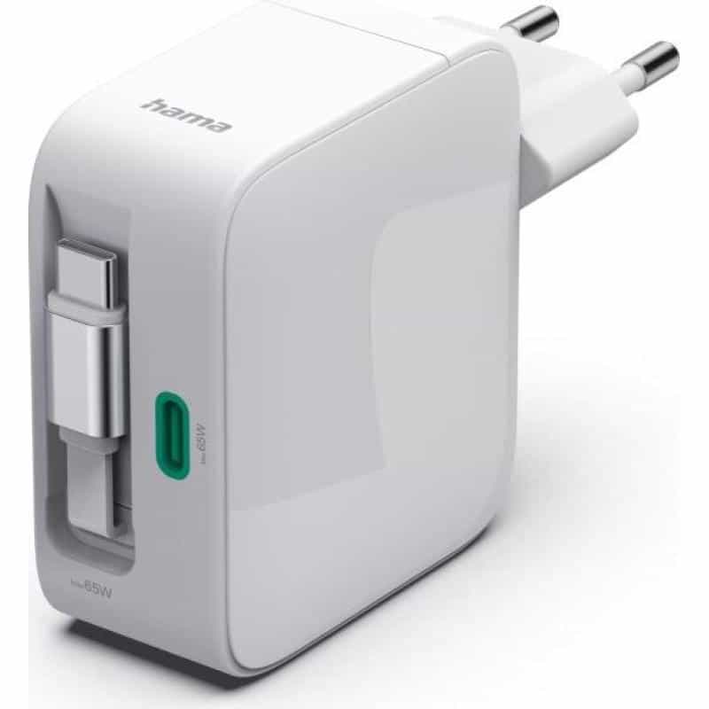 HAMA USB-Schnellladegerät 65W ws 201957 GaN,2xUSB-C,PD,ausziehbares Ladekabel