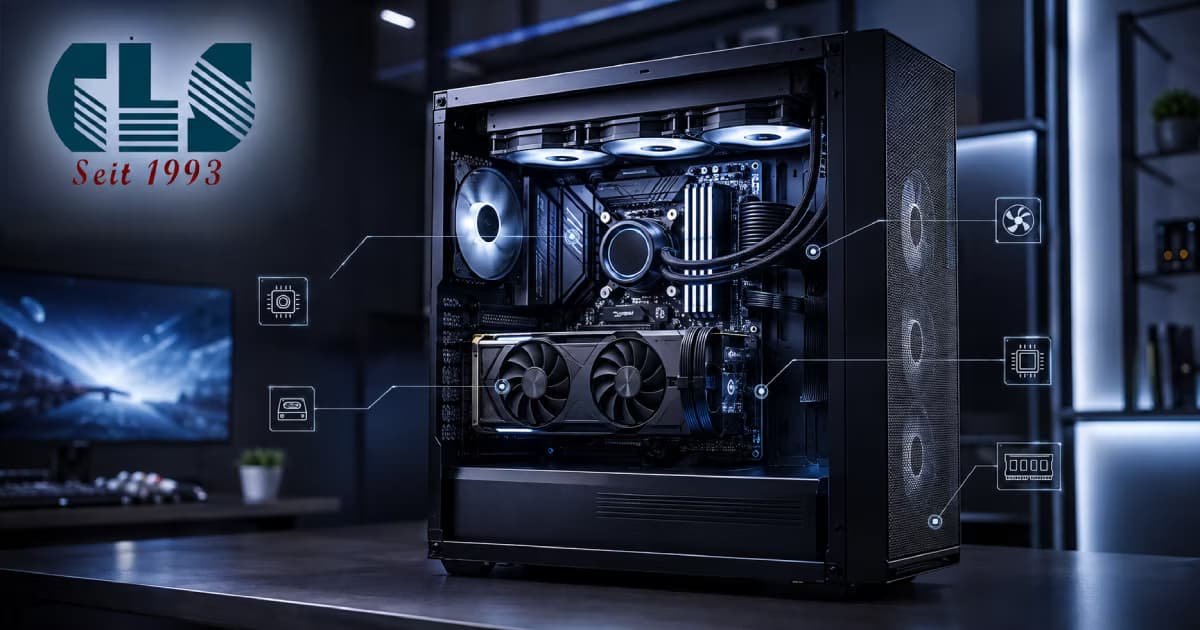 Gaming-PC erklÃ¤rt - Gaming-PC mit sichtbarer Grafikkarte, CPU-KÃ¼hlung, RAM und Mainboard