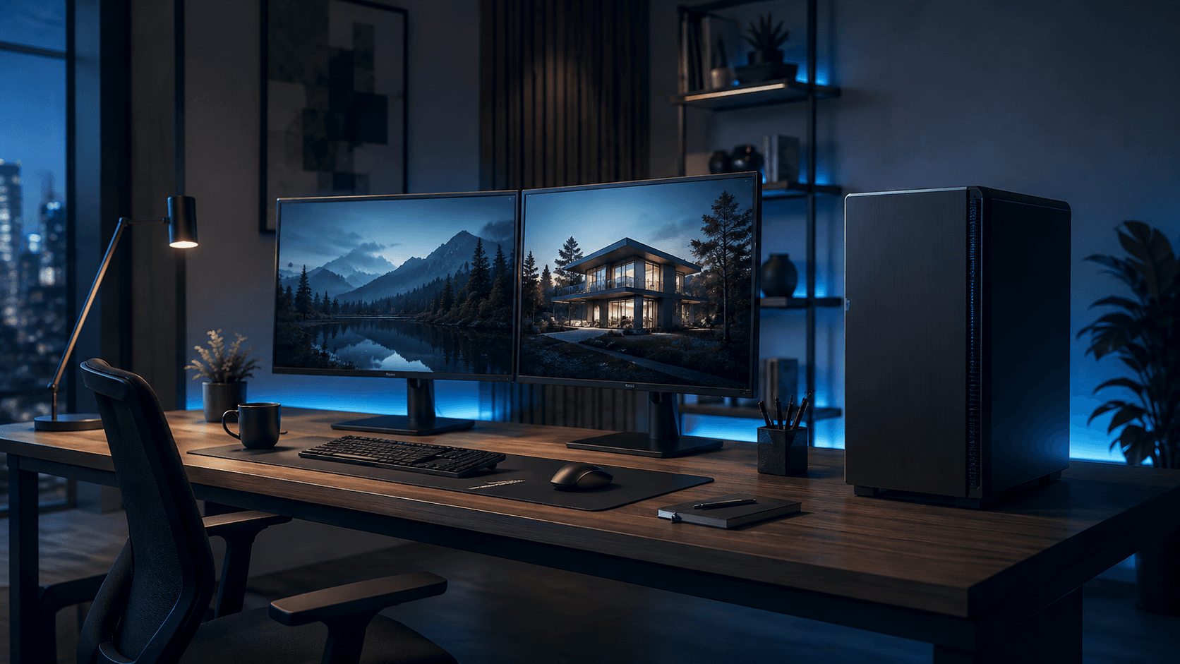 Professioneller Home-Office Arbeitsplatz mit Workstation PC fÃ¼r Freelancer und SelbststÃ¤ndige