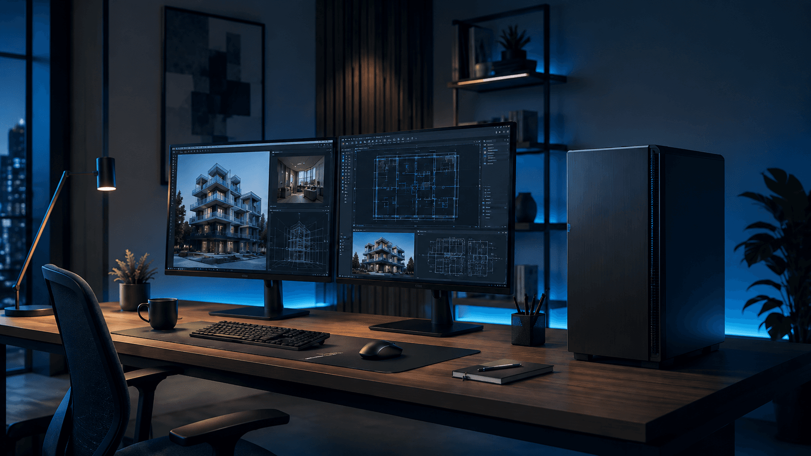 Ãsthetischer 3D Rendering Workstation Arbeitsplatz mit professionellem Monitor-Setup und blauem Ambient Light