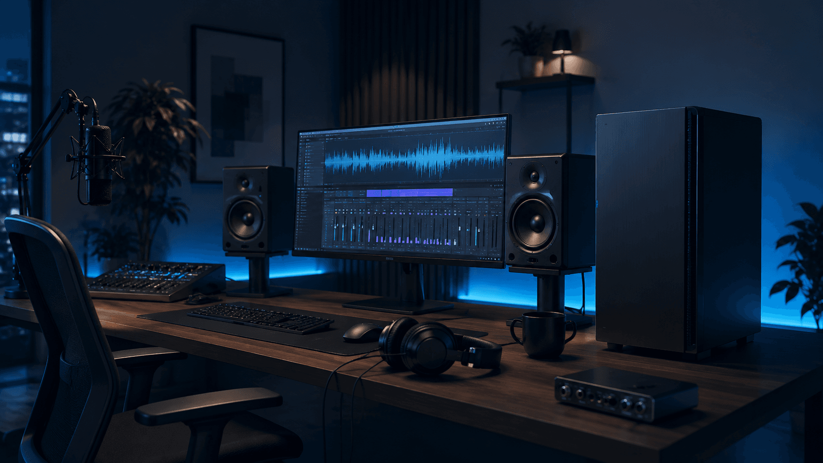 Moderne Audio Workstation mit Studio-Monitoren, KopfhÃ¶rer und blauem Ambient Light