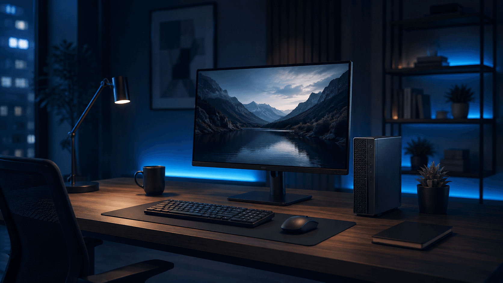 Kompakte Mini Workstation auf einem modernen Schreibtisch mit sauberem Arbeitsplatz