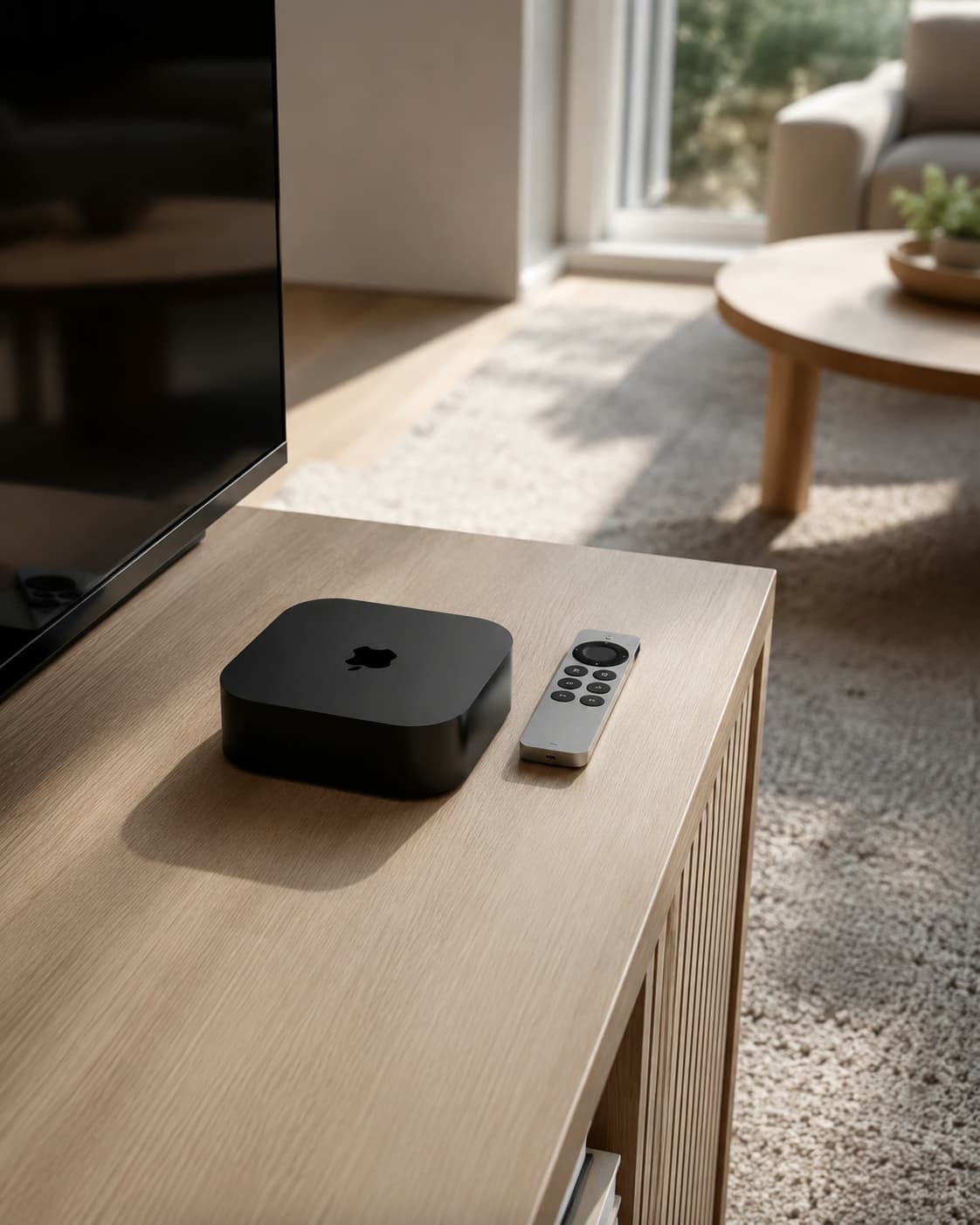 Apple TV 4K auf einem hellen modernen TV MÃ¶bel